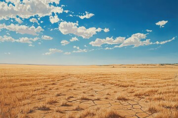 Naklejka premium Dry cracked earth field under a bright blue sky