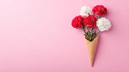 Pink Flowers in Waffle Cone on Pastel Background, Creative composition of pink carnations arranged in a waffle cone on a soft pastel pink background, blending nature and dessert themes.

