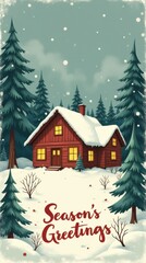 Naklejka premium Snowy Cabin Christmas Postcard Illustration