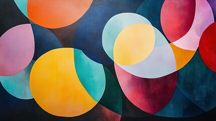 Abstract geometric painting of overlapping circles and triangles, bold primary colors creating a sense of structure and order across the canvas.
