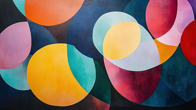 Abstract geometric painting of overlapping circles and triangles, bold primary colors creating a sense of structure and order across the canvas.