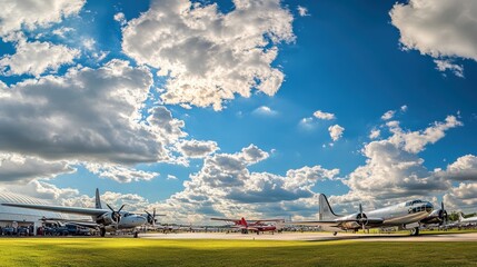 Fototapeta premium Air mobility showcased under a vibrant sky with historic aircraft on display during a daytime aviation event