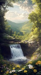 Fototapeta premium A serene waterfall cascading through lush greenery in the Catskill Mountains during a sunny afternoon