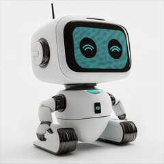 Cute white robot sitting and smiling with led screen face