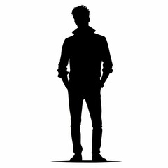 Man silhouette standing with hands in pockets on white background