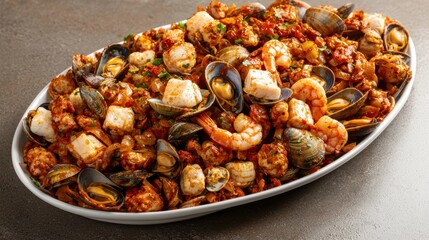 Top view of a seafood feast platter culinary delight in a warm coastal atmosphere