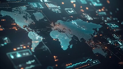 A digital world map with data overlays and analytics visuals.