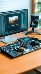 Fototapeta premium A modern DJ setup featuring a mixing console, computer monitor, and studio speakers, perfect for music production and editing.
