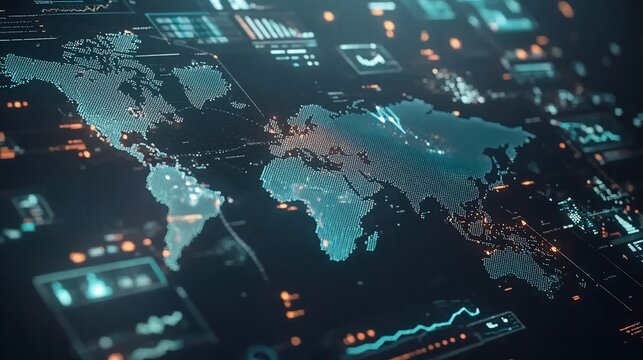 Fototapeta A digital world map with data overlays and analytics visuals.