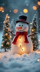 Obraz premium Charming Snowman in Red Scarf and Top Hat