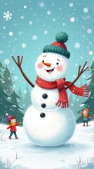 Fototapeta premium Friendly Snowman Waving to Children in a Snowy Park