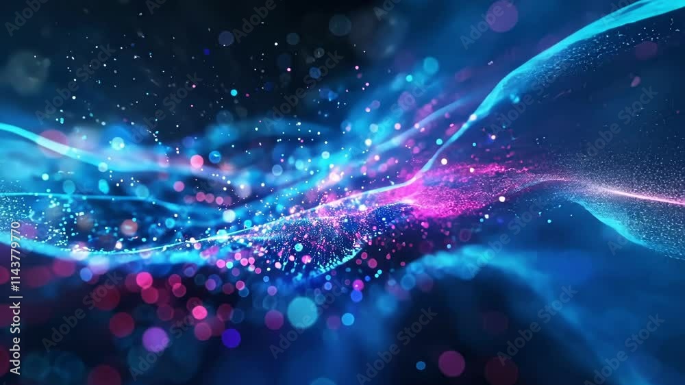 Poster abstract digital wave particles flowing in cyberspace with bokeh and depth of field effects, creatin