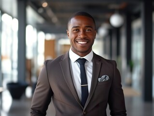 Fototapeta premium Portrait Attractive African young confident business man in business professional working office.