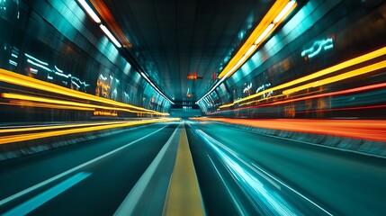 Fototapeta premium Abstract tunnel with motion blur of city lights. Concept of speed, urban life, and transportation.