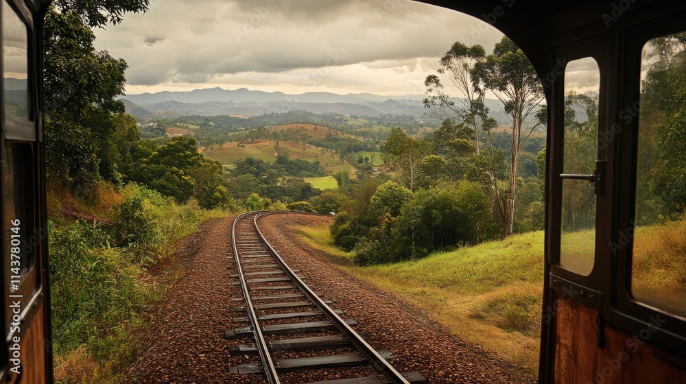 Poster a scenic view from the back of a train car overlooking lush landscapes and winding tracks during a c