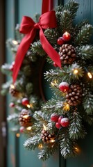 Close-up of a Christmas Wreath with Pine Branches, Red Berries, and Pine Cones
