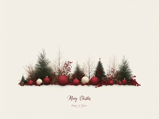 Christmas ornaments, trees, berries on white.