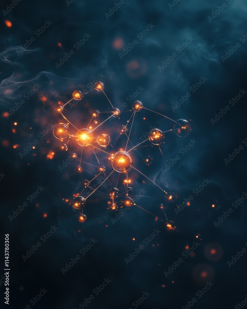 Fototapete visual representation of a molecular structure illuminated by glowing spheres in a dark background