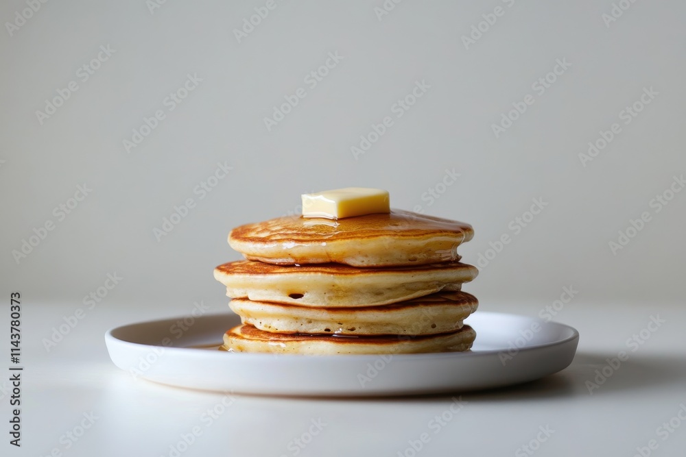 Poster A minimalist view of three golden pancakes stacked with a pat of butter and syrup on a neutral background