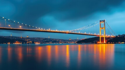 Obraz premium Stunning view of a modern suspension bridge illuminated at dusk over calm waters in a vibrant city landscape