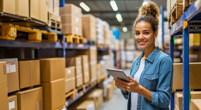 Warehouse manager using digital tablet checking inventory in large distribution center