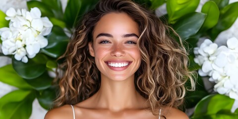 Fototapeta premium A smiling woman with curly hair surrounded by white flowers and green leaves. Concept Smiling Woman, Curly Hair, White Flowers, Green Leaves, Natural Beauty
