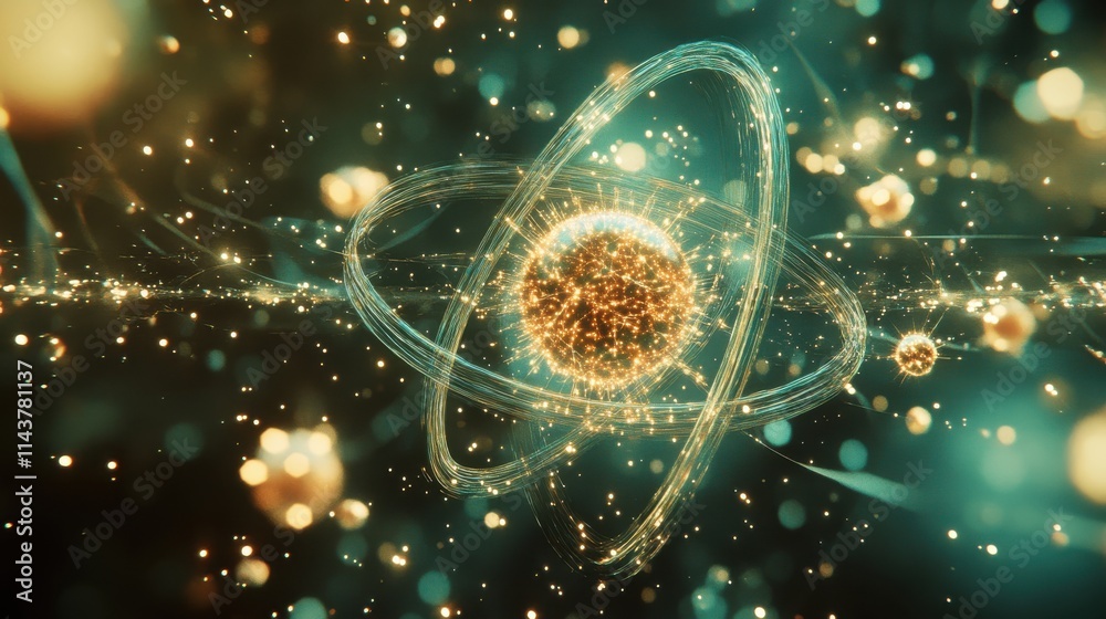 Aufkleber Artistic visualization of an atom in vibrant colors with swirling particles illustrating atomic interactions and energy dynamics