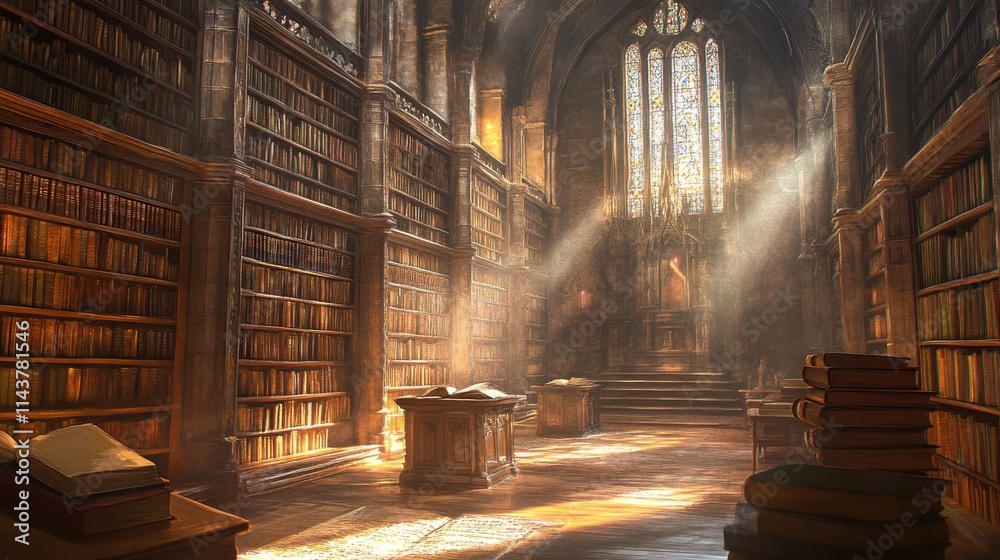 Aufkleber discover the enchanting atmosphere of a dusty ancient library filled with towering shelves and warm 