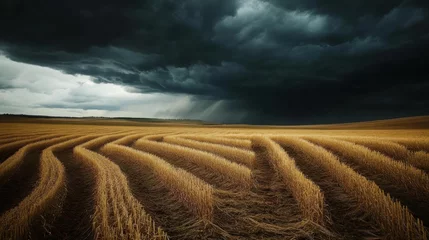  Storm clouds gather over a golden farm landscape as crops sway in the wind, hinting at impending rain and changing weather © vadosloginov