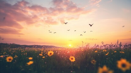 A stunning sunset casts a warm glow over a vibrant field filled with blooming flowers and flying birds in a serene landscape