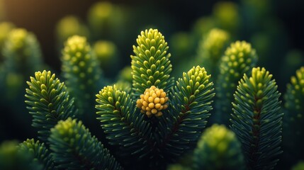 Close-up of vibrant green pine needles and a single yellow flower bud.