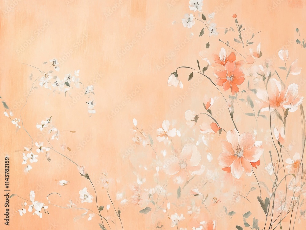 Poster a serene and delicate peach floral background featuring soft blossoms and subtle greenery in a tranq
