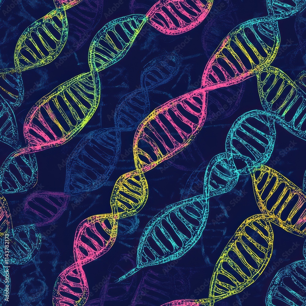 Poster A vibrant pattern of colorful double-helix DNA strands on a dark background showcasing the complexity of genetics