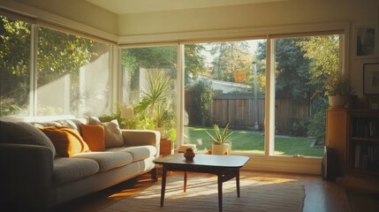 Fototapeta premium A cozy single-storey living room bathed in warm sunlight with a view of a serene backyard garden