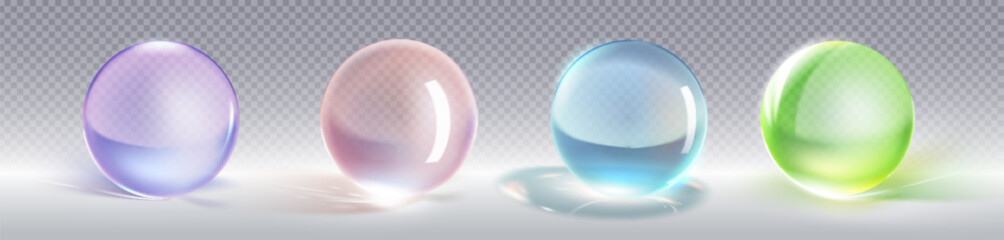 Colorful glass ball on transparent background with light reflection and rainbow refraction effects. Realistic 3d vector set of tinted spheres with optical distortion. Translucent acrylic orbs.