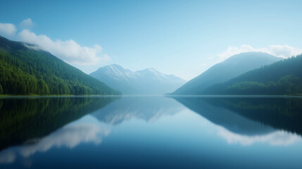 serene lake surrounded by majestic mountains and lush greenery reflects tranquil sky. peaceful atmosphere invites relaxation and contemplation.