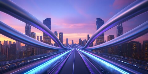 Fototapeta premium A futuristic cityscape with tall skyscrapers and a vibrant, illuminated transportation system at sunset. Concept Futuristic Architecture, Illuminated Transportation, Sunset Cityscape