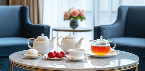 Elegant tea set on a marble table in a serene, sunlit room, perfect for afternoon gatherings and relaxation.