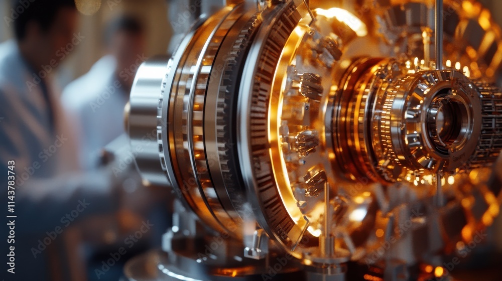 Aufkleber A detailed close-up of a particle collider model showcasing intricate mechanisms and illuminated components in a laboratory setting
