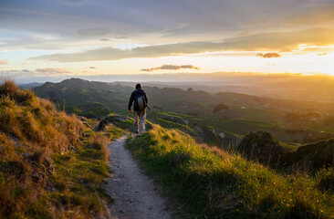 Man hiking on top of the hill. Setting sun casting a warm glow on rolling hills. Te Mata Peak....