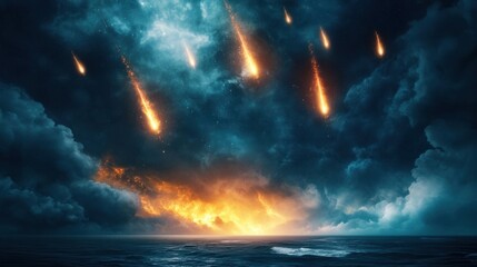 Dramatic Celestial Event over Ocean with Fiery Meteors Lighting Up the Dark Cloudy Sky during a Turbulent Sunset