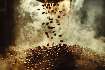 A cinematic low-angle view of freshly roasted coffee beans cascading into a pile amidst swirling steam in a warm, inviting setting