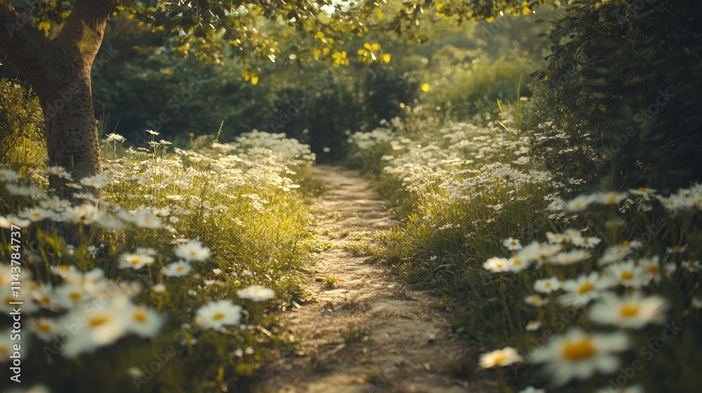 Poster a lovely rustic path meanders through a flower-filled meadow, inviting exploration on a sunny aftern