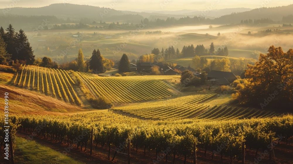 Poster breathtaking view of vineyards at sunrise in rolling hills showcasing rows of grapevines and morning