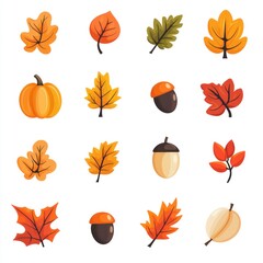 Obraz premium Colorful and Vibrant Collection of Autumn Leaves, Acorns, and Pumpkins Perfect for Seasonal Illustrations, Crafts, and Graphic Design Projects