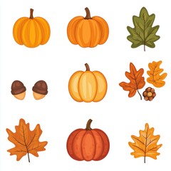 Colorful Autumn Collection Featuring Pumpkins, Acorns, Leaves, and More in Vibrant Orange and Green Shades Perfect for Seasonal Decor and Celebrations