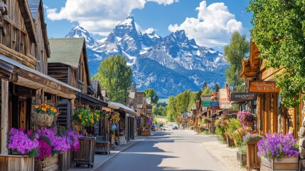 Fototapeta premium Discover the scenic charm of a historic town surrounded by majestic mountains and vibrant flower displays on a sunny day