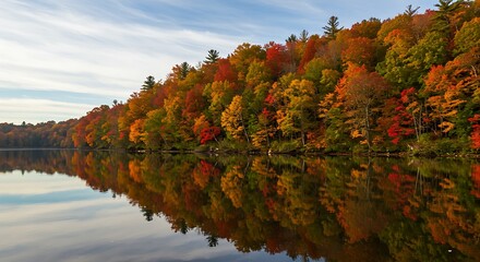 Obraz premium A still lake reflecting trees dressed in autumn foliage