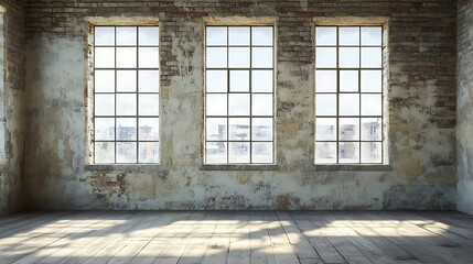 Fototapeta premium Industrial loft interior with large windows. Concept of urban, vintage, and empty space.