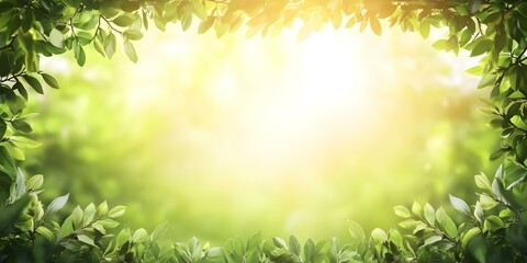 Obraz premium A blurred natural scene framed by green leaves, with bright light suggesting a sunny atmosphere. Concept Natural Beauty, Lush Greenery, Sunny Ambiance, Blurred Background, Serene Vibes